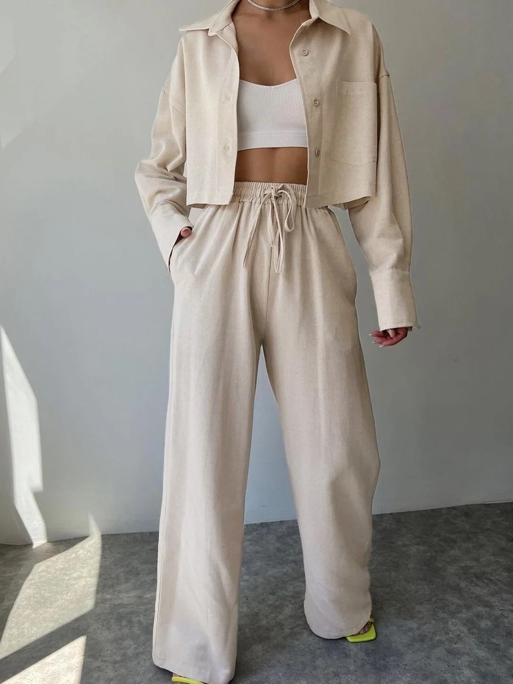 Commense Collared Drawstring Two Piece Pants Set S LL2-5 - Picture 2 of 5